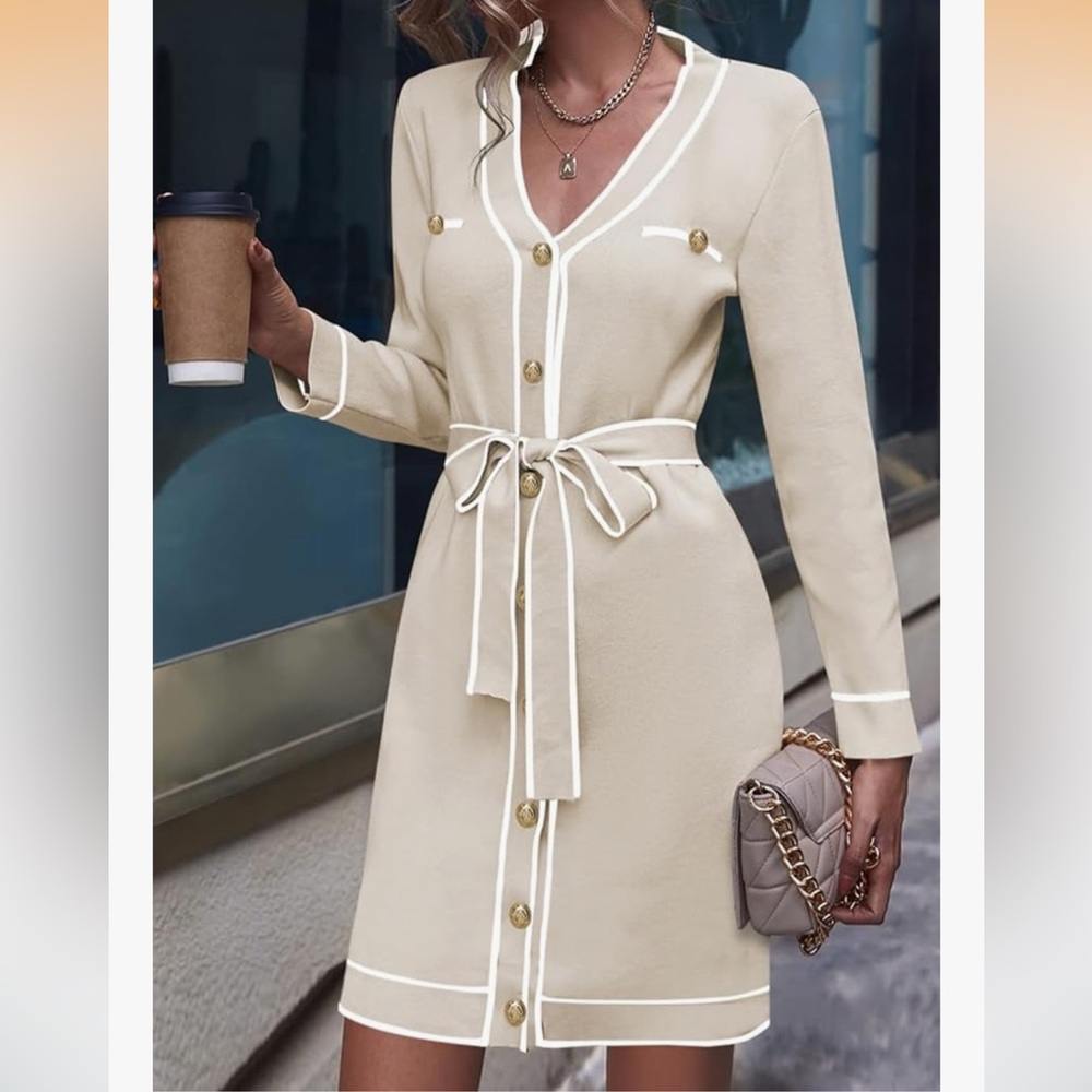 NWT Pink Queen Beige Knit Sweater Dress with White Trim Cardigan with Belt
